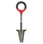 Pelle de jardinage à lame dentelée et manche circulaire rouge et noir sur fond blanc