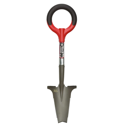 Pelle de jardinage à lame dentelée et manche circulaire rouge et noir sur fond blanc